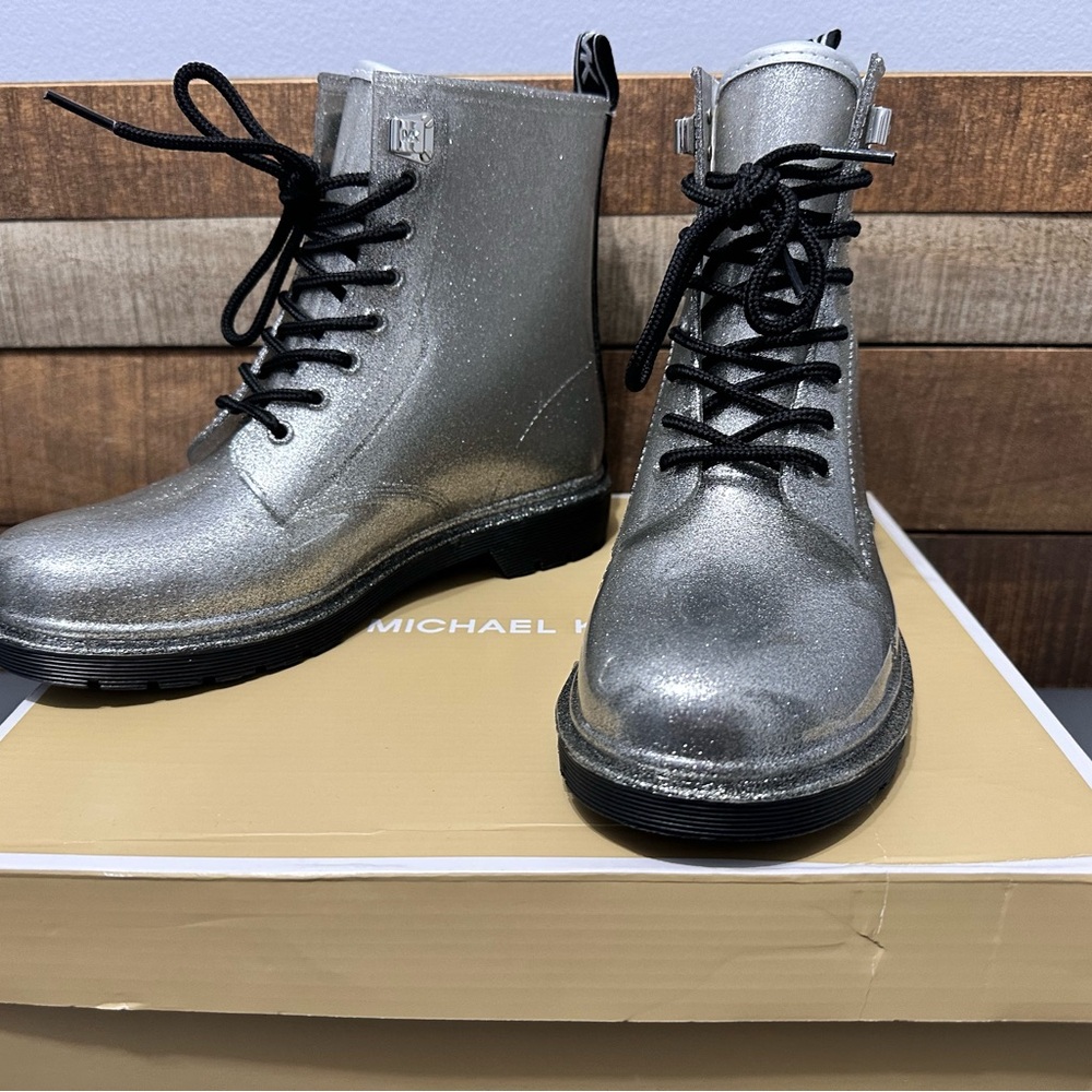 Michael Kors Women Combat Boots Tavie Rainbootie SilverGlitter PVC
